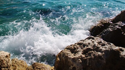 Waves Crashing Against Rocks on a Sunny Day