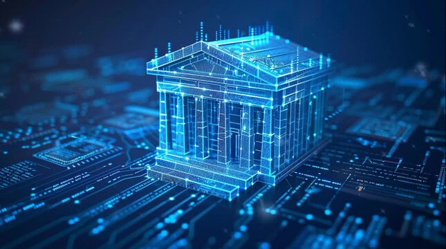 Banking logo in polygonal  line, hologram in futuristic blue background, Banking technology and modern online finance concept