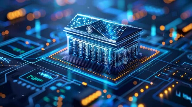 Banking logo in polygonal  line, hologram in futuristic blue background, Banking technology and modern online finance concept