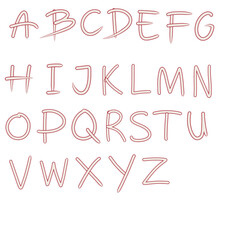 capital letter alphabet with white letter and red outline using a handwritten style. Unique and authentic writing suitable for writing titles for children articles and children books