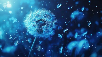 Glowing blue dandelion seeds dispersing in dark.