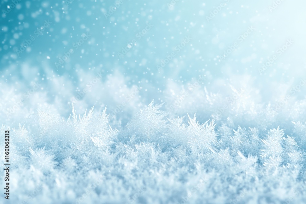 Poster delicate snowflakes resting on a soft blue surface with a gentle blur creating a dreamy winter wonde
