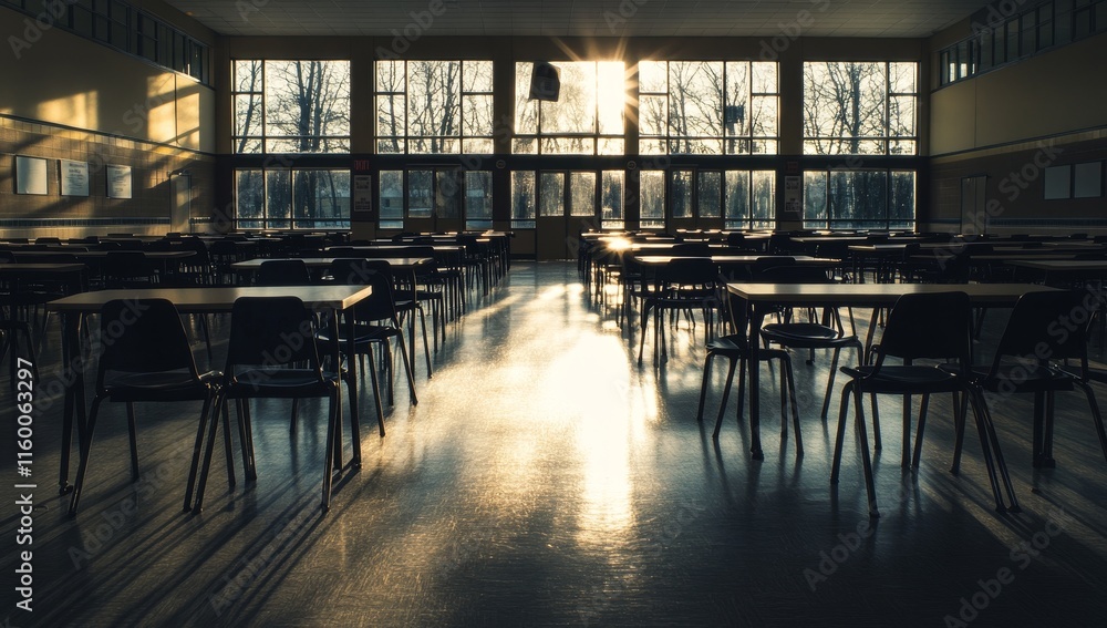 Poster Empty cafeteria with sunlight streaming through large windows. (3)
