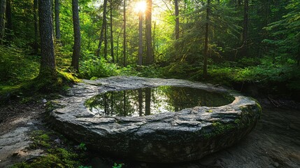 Obraz premium Tranquil Forest Scene with Reflective Water Pool and Sun Rays