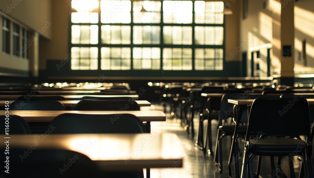 Poster Sunlit classroom with rows of empty desks and chairs. (2)