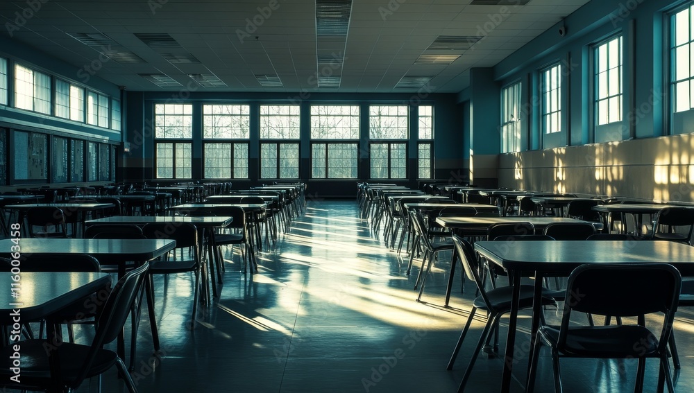 Poster empty school cafeteria with sunlight streaming through large windows.