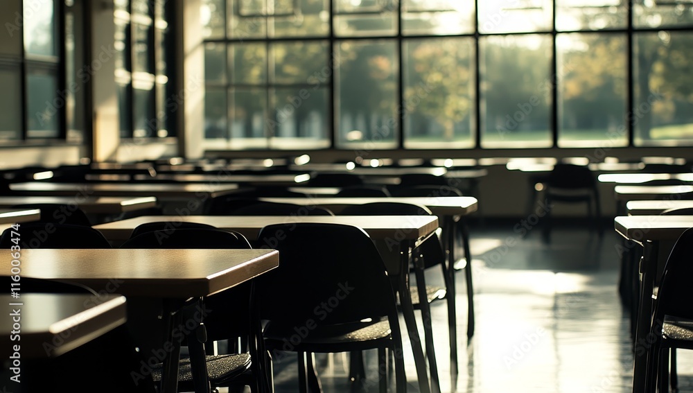 Poster empty classroom desks and chairs near large window. (1)