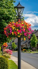 Vibrant Flower Baskets on Street Lamp in Neighborhood Scene