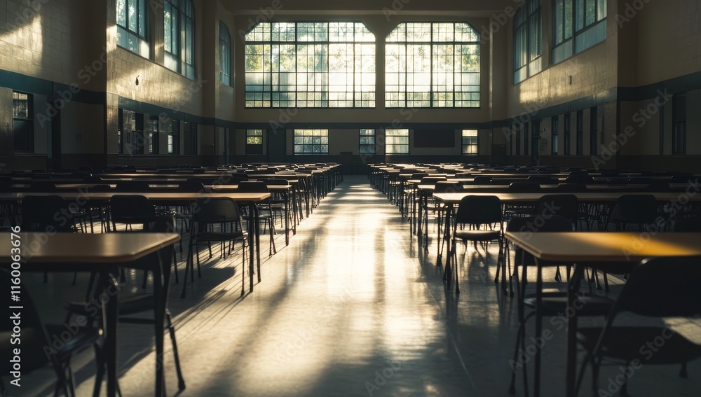 Poster Sunlit empty classroom with rows of desks and chairs. (2)