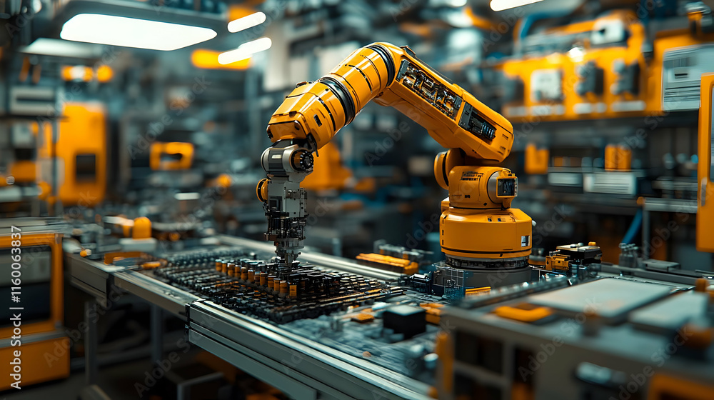 Poster a robotic arm assembling components in a high-tech industrial environment.