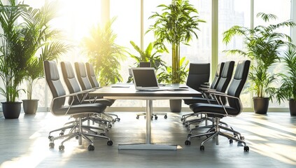 Fototapeta premium Sunlit modern conference room with plants and laptop.