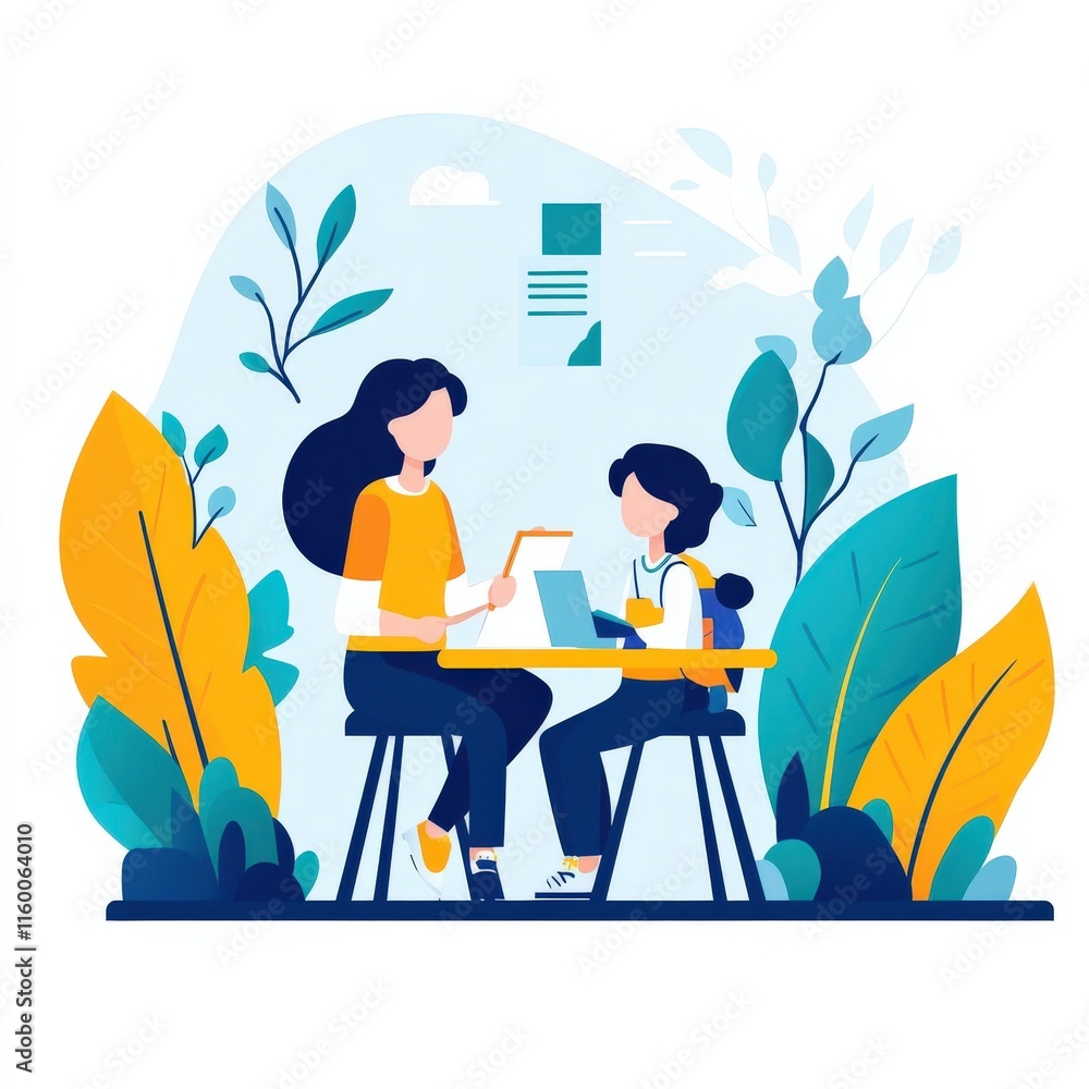 Poster a colorful illustration of a mother and child engaged in a creative learning activity in a bright an