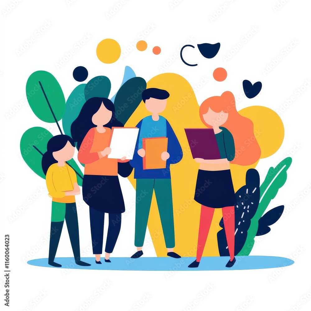 Poster group of diverse business people engaged in discussion with documents in colorful modern office sett