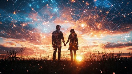 Obraz premium Couple silhouetted against a vibrant sunset and starry night sky, connected by constellations.