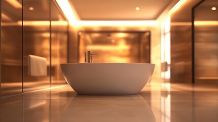 Modern bathtub in a luxurious bathroom, warm lighting. Perfect for showcasing high-end bathroom design, spas, or hotels.