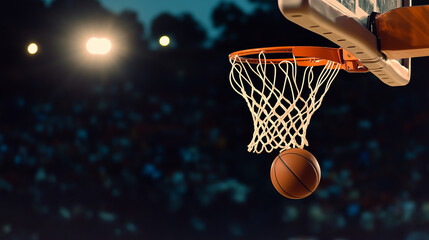 Dynamic action shot of a basketball player scoring a goal during an intense game, showcasing athleticism, energy, and competition under a vibrant stadium atmosphere.