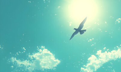 A bird soaring through a bright sky filled with clouds and sunlight.