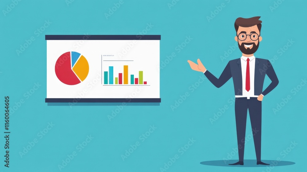 Poster professional businessman presenting data analytics in a colorful chart format on a blue background f