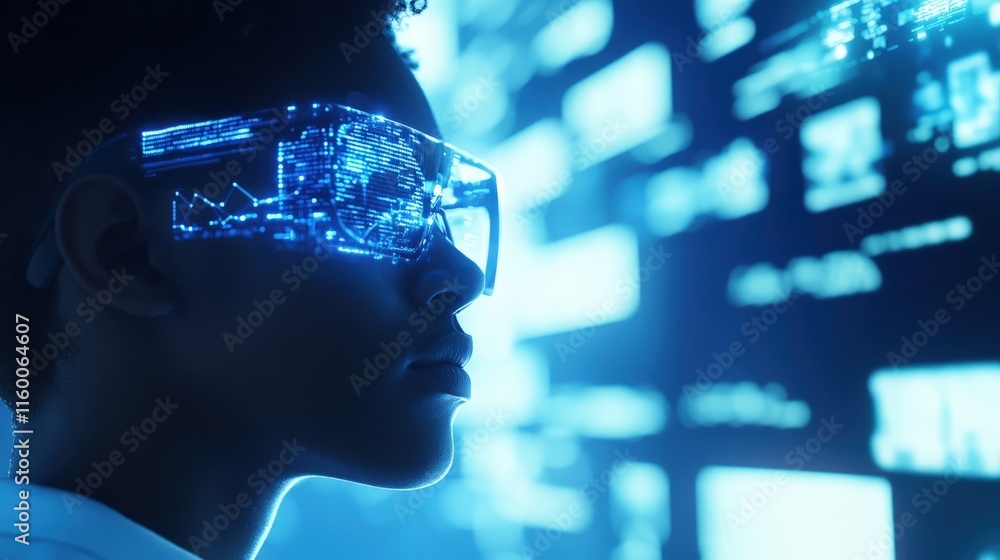 Aufkleber futuristic young person wearing smart glasses with digital interface display, exploring data and tec