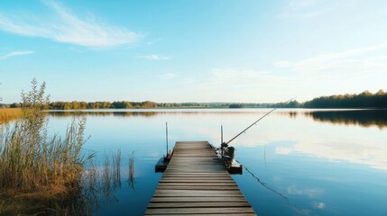 Obraz premium A tranquil fishing spot on a secluded pier overlooking serene waters, Fishing rods cast in anticipation under clear skies, Leisurely lifestyle style