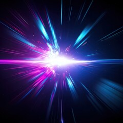 Cosmic explosion, vibrant energy burst, radiant light rays, deep space, swirling colors, blue and purple nebula, star formation, interstellar dust, celestial fireworks, dynamic motion blur, galactic c