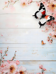 Delicate Spring Flowers and Butterfly on Light Blue Wooden Background : Generative AI