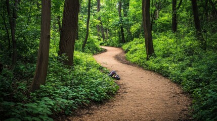 Fototapeta premium A tranquil hiking trail winding through lush greenery, Hiking gear laid out for adventure, Natural photo of