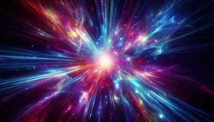 Cosmic explosion, vibrant energy burst, radiant light rays, deep space, swirling colors, blue and purple nebula, star formation, interstellar dust, celestial fireworks, dynamic motion blur, galactic c