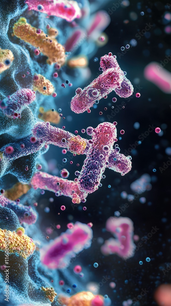 Poster colorful microbial structures on a vibrant background in detail