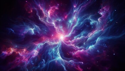 Abstract cosmic swirl, vibrant energy streams, pink and blue light trails, galactic background, starry space, dynamic motion, ethereal glow, celestial phenomenon, digital art, fantasy universe, spiral
