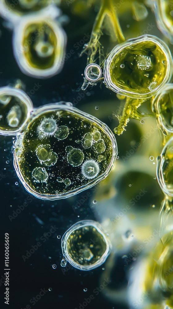 Poster bubbles and microscopic cells floating in a dark fluid environment
