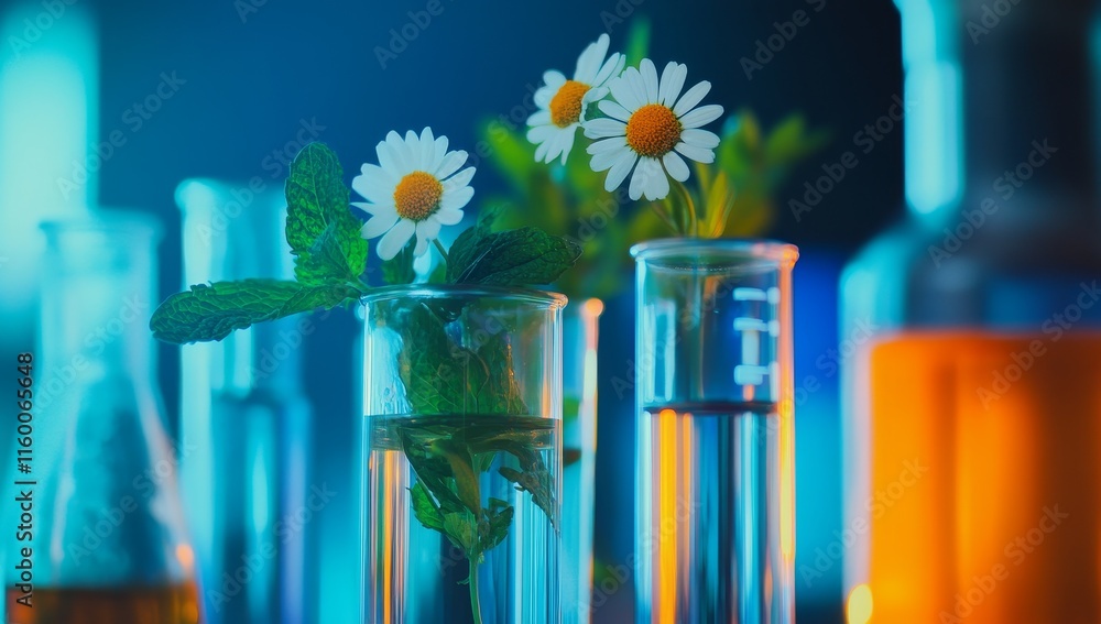 Poster chamomile and mint in test tubes, lab setting.