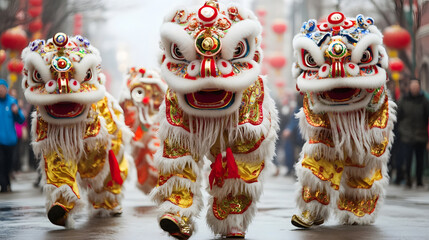 Fototapeta premium Energetic Lion Dance Performed By Colorful Troop During Chinese Street Festival : Generative AI