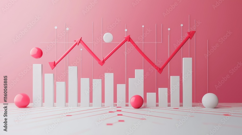Poster creative 3d graph with arrows and shapes on pink background