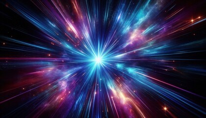Obraz premium Cosmic explosion, vibrant energy burst, radiant light rays, deep space, swirling colors, blue and purple nebula, star formation, interstellar dust, celestial fireworks, dynamic motion blur, galactic c