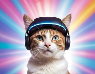A ginger cat wears headphones with a glowing light