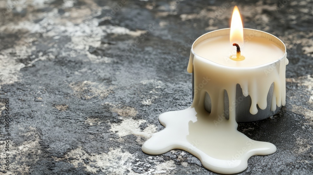 Poster dripping candle on rustic surface with soft light and reflection