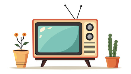Retro TV vintage old television with plants flat vector illustration design on isolated background 