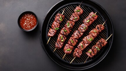 Grilled Skewers of Marinated Beef with Fresh Green Onions and Sauce