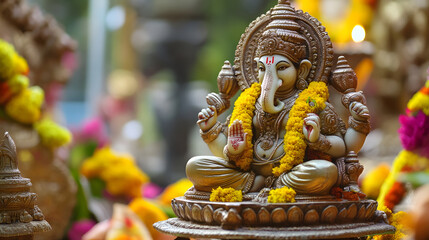 Fototapeta premium Intricate Ganesh Statue with Floral Garland for Festive Worship : Generative AI