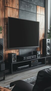 Modern Living Room Entertainment Setup with Large Screen TV