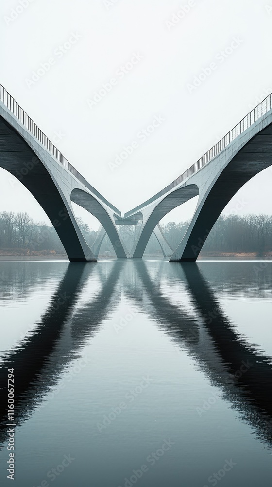 Poster modern bridge architecture reflecting in calm water during fog