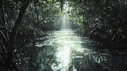 Sunbeams illuminating a tranquil mangrove swamp waterway.