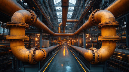 A detailed shot of exposed pipes and industrial fixtures in a factory ceiling