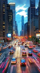 Obraz premium Bustling City Street at Dusk with Bright Lights and Traffic Flow