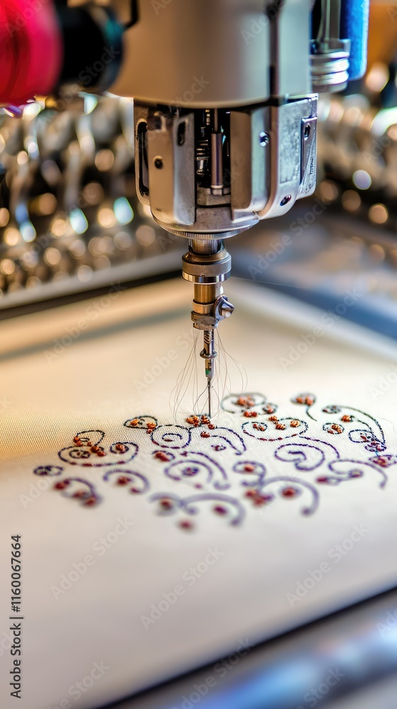 Poster close-up of embroidery machine creating intricate pattern design