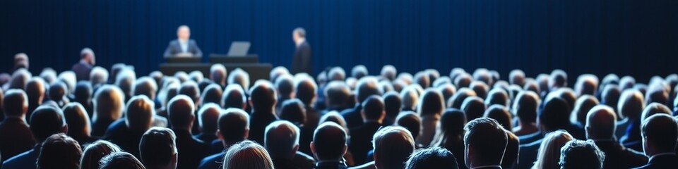 Obraz premium High-resolution image of a large audience viewed from behind, focusing on a formal speech event in a spacious auditorium with amazing details and masterful composition.