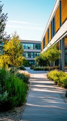 Fototapeta premium Modern Office Building with Lush Greenery and Pathway in Sunlight