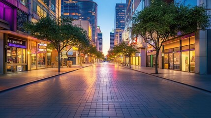 Vibrant City Street with Lights and Trees at Dusk in Urban Setting