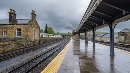 Serene Train Station Platform Under Dramatic Cloudy Sky